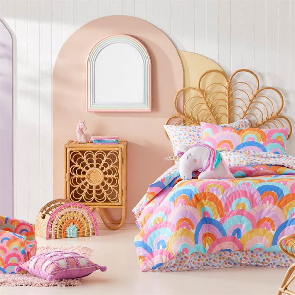 Adairs Pink Double Kids Rainbow Burst Quilted Bedlinen Multi Quilt Cover Set Pink