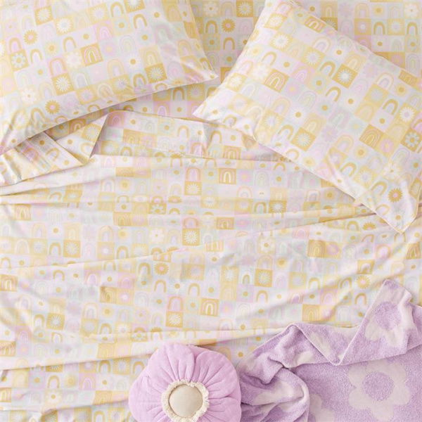 Adairs Yellow Kids Rainbow Daisy Pastel Grid Cot Sheet Set