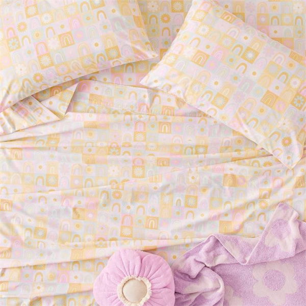 Adairs Yellow Kids Rainbow Daisy Pastel Grid King Single Sheet Set