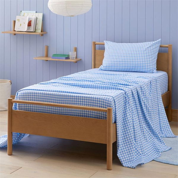 Adairs Kids Rylee Blue Gingham Flannelette Sheet Set (Blue Cot)