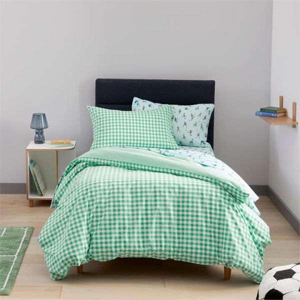 Adairs Kids Sawyer Yarn Dyed Gingham Green Quilt Cover Set (Green Double)