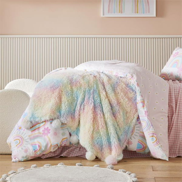 Adairs Pink Throw Kids Snuggly Sherpa Rainbow Pom Pom