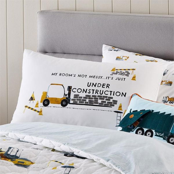 Adairs Kids Under Construction White Text Pillowcase (White Standard Pillowcase)