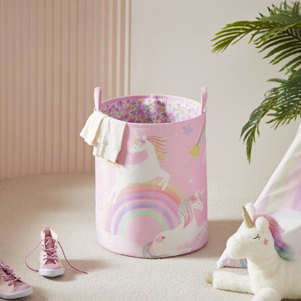 Adairs Kids Unicorn Squad Printed Basket - Pink (Pink Basket)