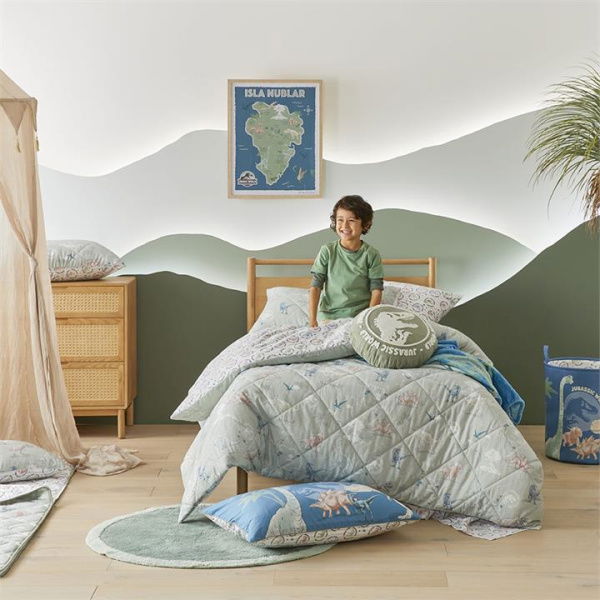 Adairs Green Kids Universal Jurassic World Khaki Green Cot Quilted Quilt Cover Set