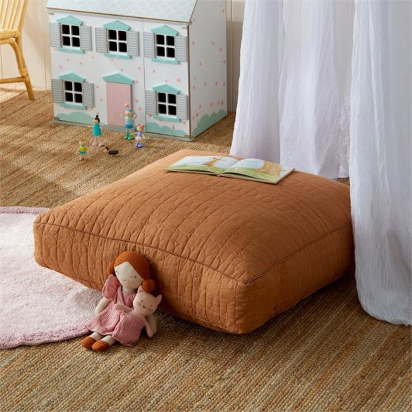 Adairs Brown Floor Cushion Kids Vintage Washed Linen Caramel Floor