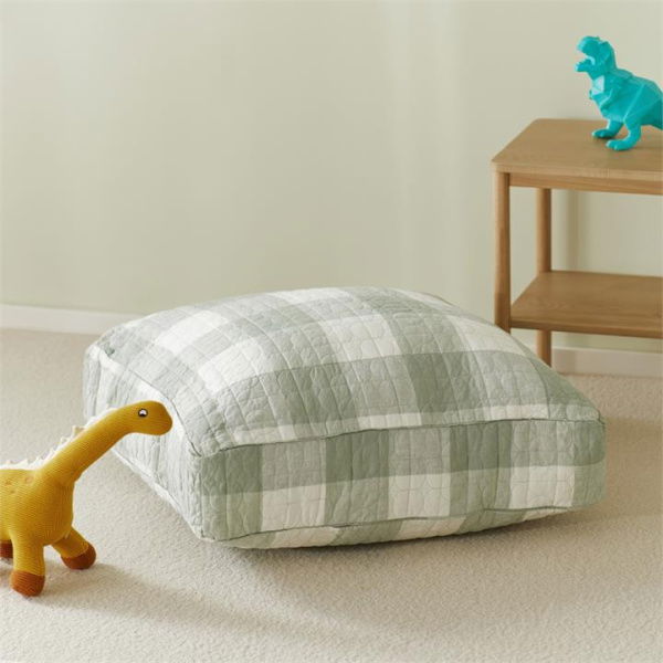 Adairs Kids Vintage Washed Linen Eucalyptus Check Floor Cushion - Green (Green Cushion)