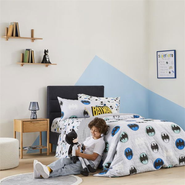 Adairs Kids Warner Bros Batman Signal Grey Marle Quilted Quilt Cover Set (Grey Double)