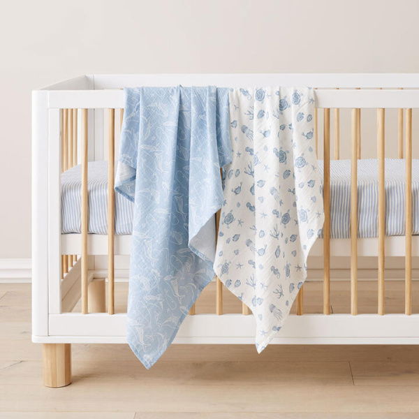 Adairs Kids Whale Wonder White & Blue Cotton Muslin Baby Swaddles 2pk (White Swaddles)