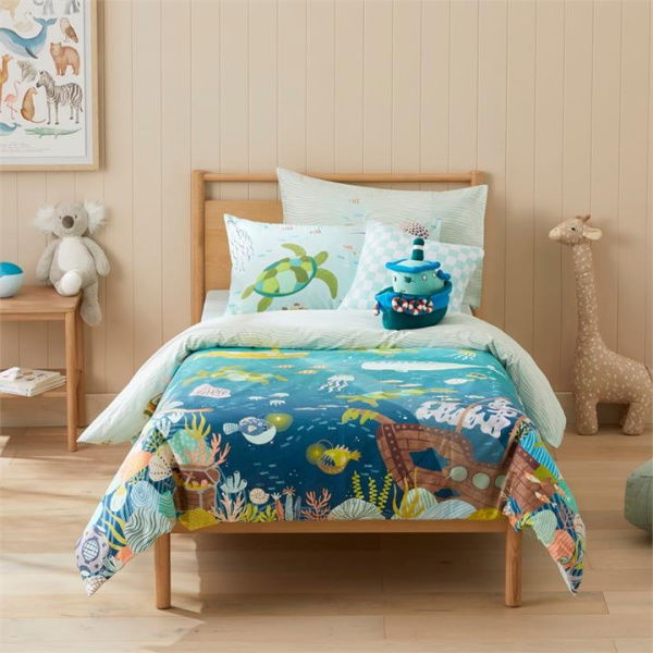 Adairs Green Kids What Lives In The Ocean Sea Double Quilt Cover Set