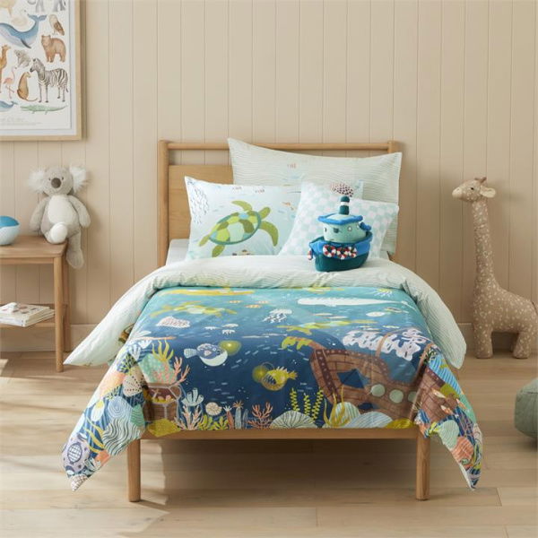 Adairs Green Single Kids What Lives In The Ocean Sea Quilt Cover Set