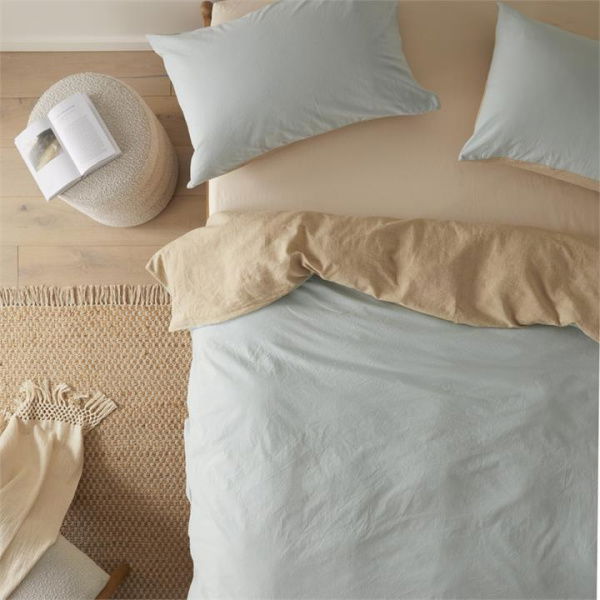 Adairs Olsen Linen Cotton Natural & Aquamarine Quilt Cover Set (Natural Super King)