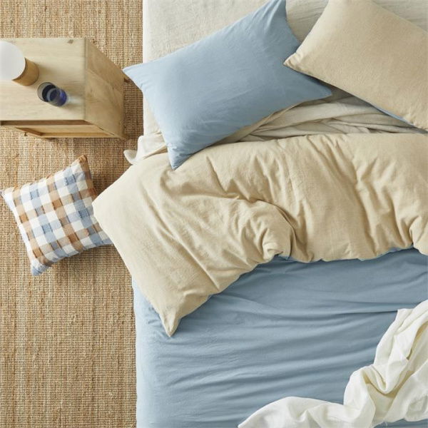 Adairs Natural Olsen Linen Cotton Natural & Mid Blue Queen Quilt Cover Set