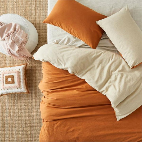 Adairs Olsen Linen Cotton Natural & Rust Quilt Cover Set (Natural Double)