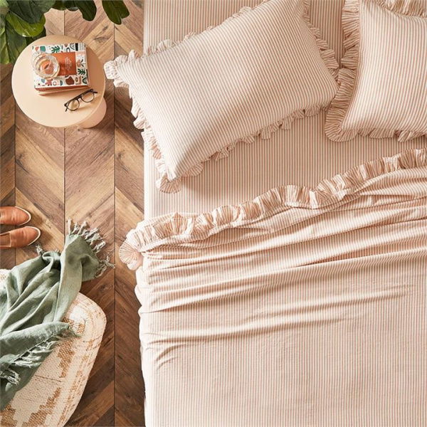 Adairs Ruffle Biscuit Stripe Sheet Set - Natural (Natural Double)