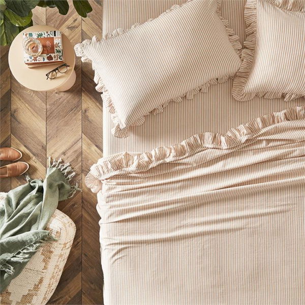 Adairs Ruffle Biscuit Stripe Sheet Set - Natural (Natural King Extra Depth)