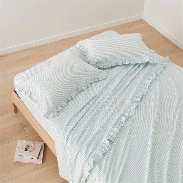 Adairs Green King Extra Depth Ruffle Mint Blue Stripe Sheet Set