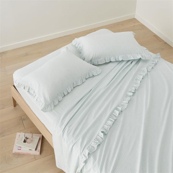 Adairs Green King Ruffle Mint Blue Stripe Sheet Set Green