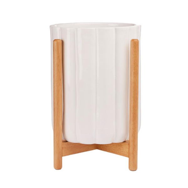 Adairs Ryle White & Natural Scalloped Plant Stand (White Plant Stand)