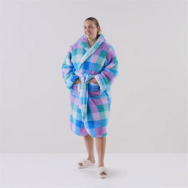 Adairs Sherpa Printed Jewels Check Hooded Bathrobe - Blue (Blue Bathrobe)