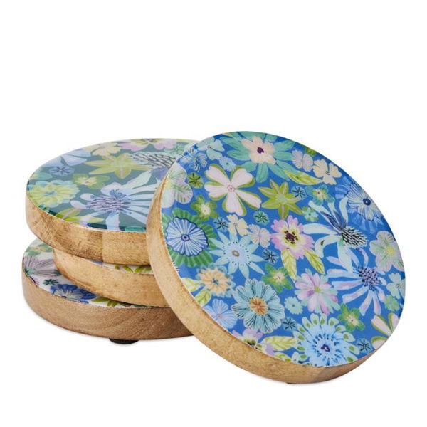 Adairs Blue Coasters Pack of 4 Sia Floral Assorted Timber