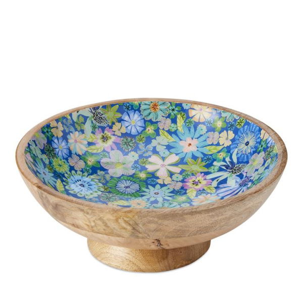 Adairs Floral Blue Sia Timber Footed Bowl