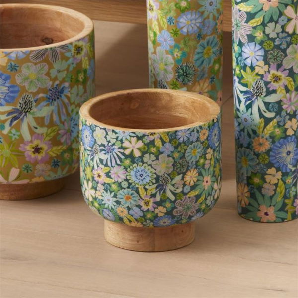 Adairs Blue Pot Sia Floral Blue Timber Pot