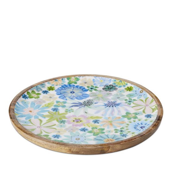 Adairs Blue Round Tray Sia Floral White Timber Round Flat Tray