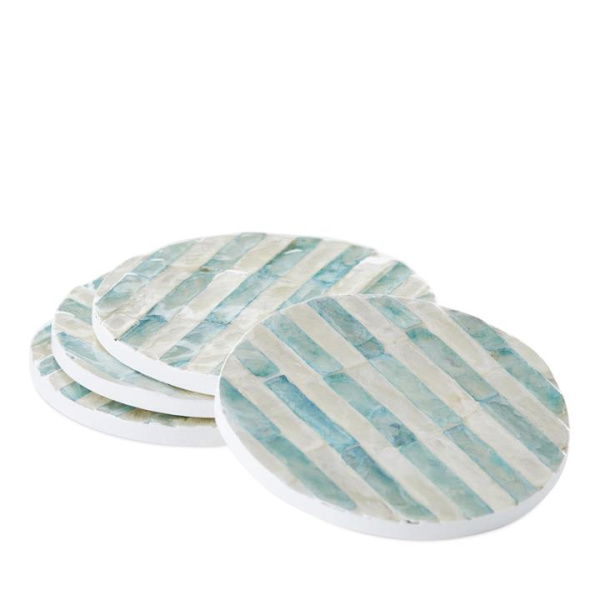 Adairs Blue Set of 4 Sicily Capiz Teal Stripe Coaster Set of 4 Blue