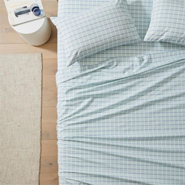 Adairs Sky Blue Grid Printed Percale King Single Sheet Set