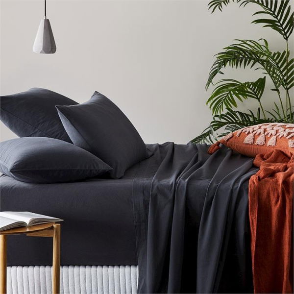 Adairs Grey Single Extra Long Fitted Sheet Stonewashed Cotton Bedlinen W17 Charcoal