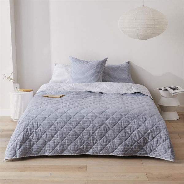 Adairs Blue Stripe Stonewashed Cotton Queen/King Quilted Coverlet