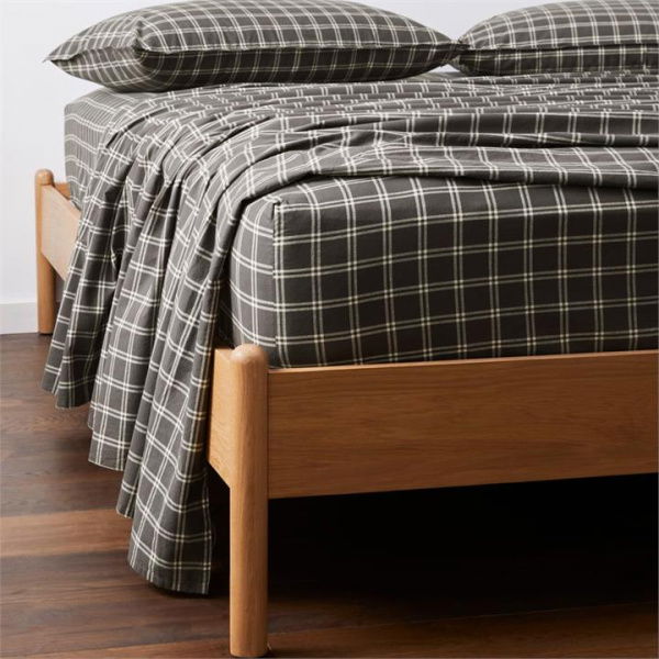 Adairs Stonewashed Cotton Charcoal Grid Fitted Sheet - Black (Black King Single)