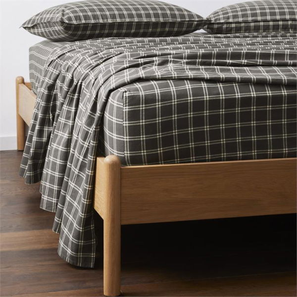 Adairs Stonewashed Cotton Charcoal Grid Fitted Sheet - Black (Black Single)