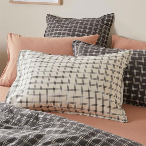 Adairs Stonewashed Cotton Charcoal Grid Pillowcases - Black (Black European Pillowcase Each)