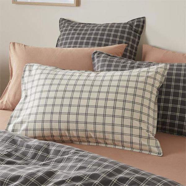 Adairs Stonewashed Cotton Charcoal Grid Pillowcases - Black (Black Queen Pillowcase Pair)