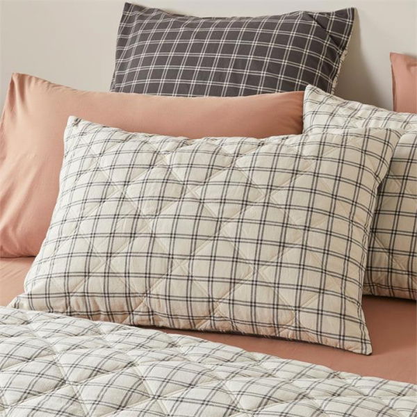 Adairs Stonewashed Cotton Charcoal Grid Quilted Pillowcase - Black (Black European Pillowcase Each)