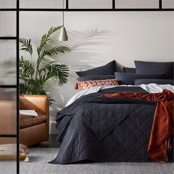 Adairs Coal Black Queen/King Stonewashed Cotton Quilted Coverlet