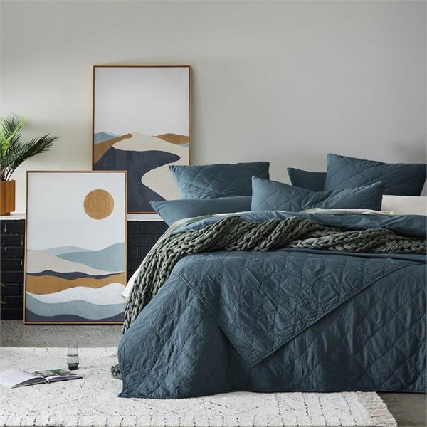 Adairs Blue Queen/King Stonewashed Cotton Dark Slate Quilted Coverlet