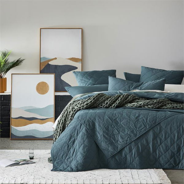 Adairs Blue European Pillowcase Each Stonewashed Cotton Dark Slate Quilted