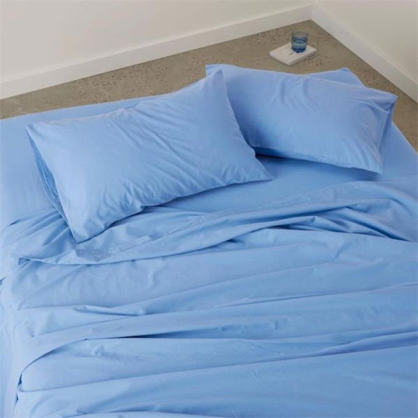 Adairs Stonewashed Cotton French Blue Fitted Sheet (Blue Double)