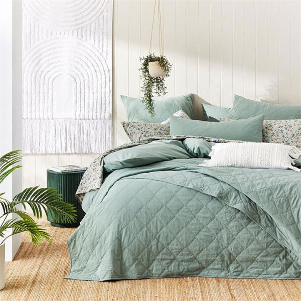 Adairs Stonewashed Cotton Gum Leaf Quilted Coverlet - Green (Green Queen/King)