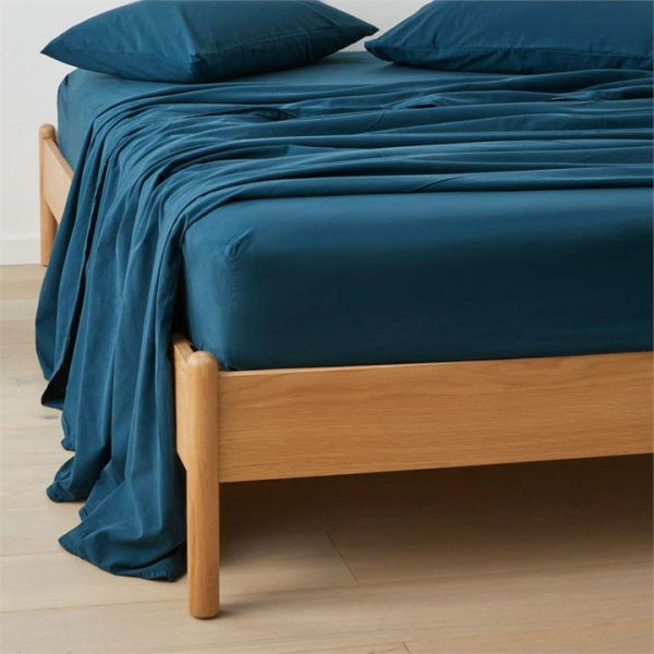 Adairs Stonewashed Cotton Petrol Blue Fitted Sheet (Blue King Single)