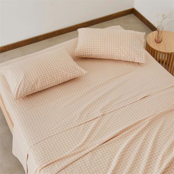 Adairs Stonewashed Cotton Printed Dusty Lemon Gingham Sheet Set - Yellow (Yellow Double)