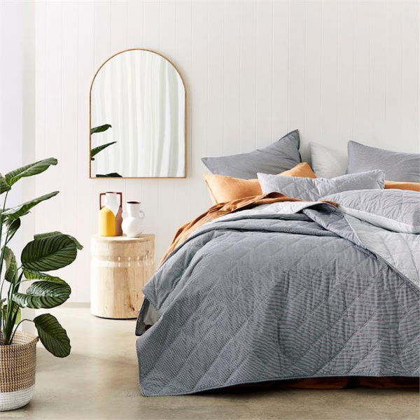 Adairs Grey Queen/King Stonewashed Cotton Printed Navy Stripe Quilted Coverlet Grey