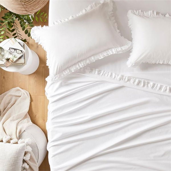 Adairs White King Single Stonewashed Cotton Ruffle White Sheet Set