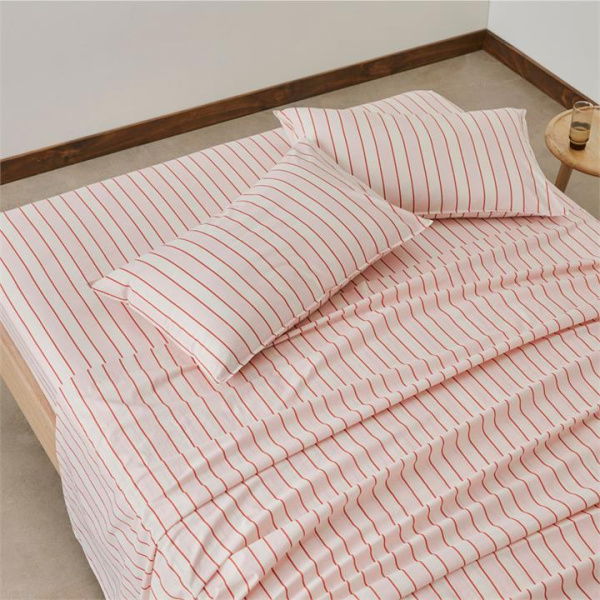 Adairs Stonewashed Cotton Sunset Stripe Paprika Fitted Sheet - Pink (Pink Double)