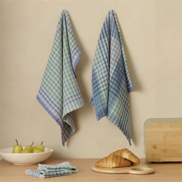Adairs Stonewashed Jewels Waffle Check Tea Towel & Washcloth Pack of 4 - Green (Green Pack of 4)