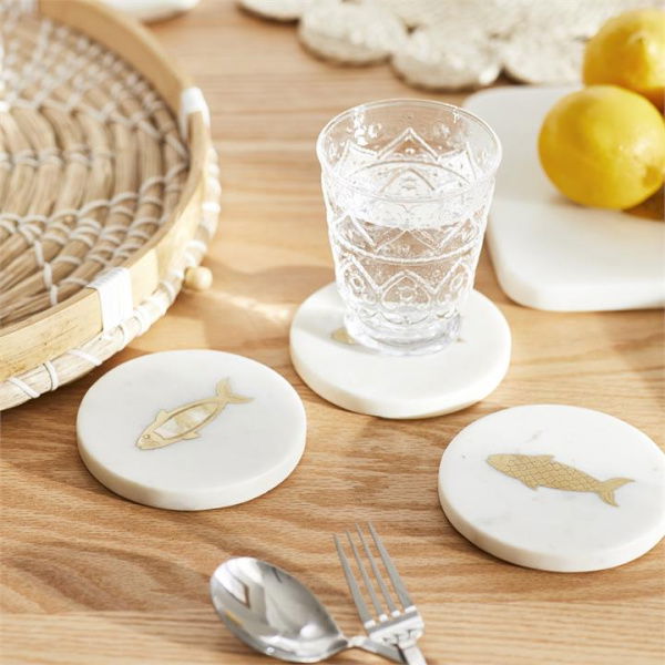 Adairs Gold Pack of 4 Swimming Fish White & Gold Marble Coasters Pack of 4