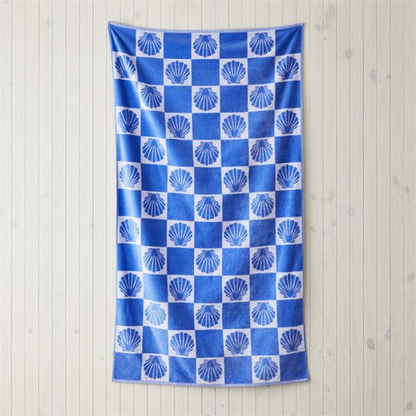 Adairs Blue Beach Towel Velour Blue Shell Check Beach Towel